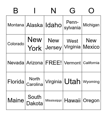 50 States Bingo Card