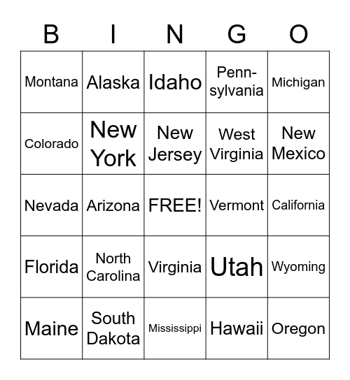 50 States Bingo Card