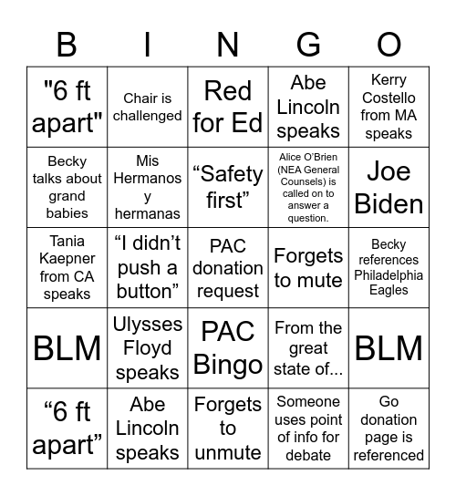 NEA RA BINGO Card