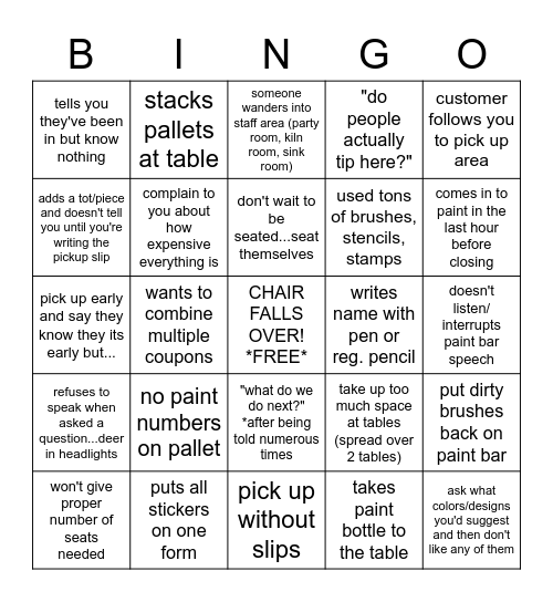 Pottery Pet Peeves Bingo Card