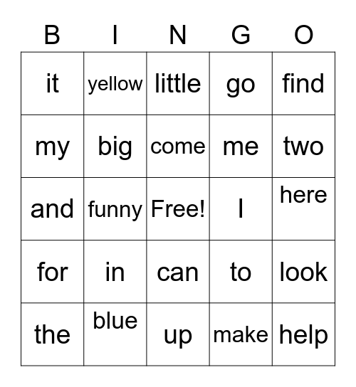 Jack's Words Bingo Card