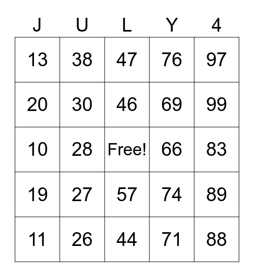 July 4th bingo Card