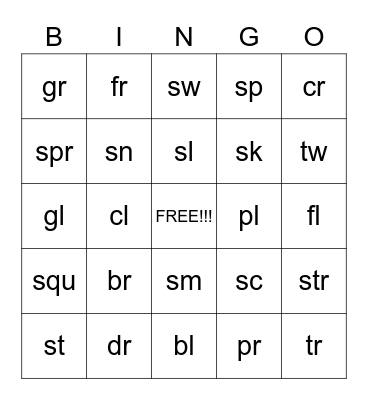 Initial Consonant Blends Bingo Card