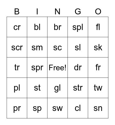 Consonant Blend Bingo Card