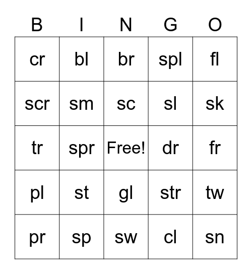 Consonant Blend Bingo Card