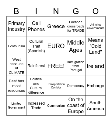 Latin America and Eurpoe Bingo Card