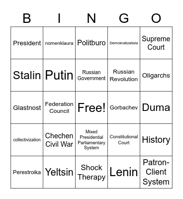 Russian History Bingo Card