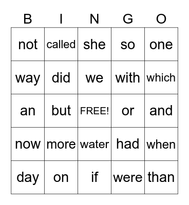 Sight Words Bingo Card