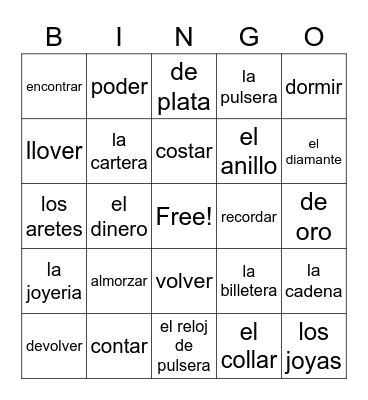 Spanish Words Bingo Card