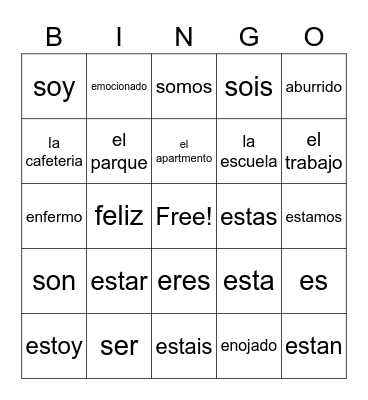 Spanish Words Bingo Card