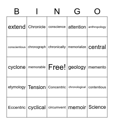 Vocabulary Bingo Card