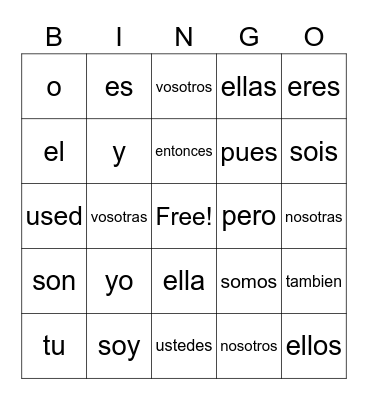 Spanish Words Bingo Card