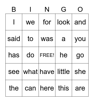 Sight Words Bingo Card
