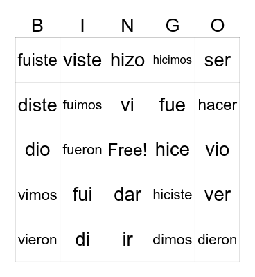 Spanish Words Bingo Card