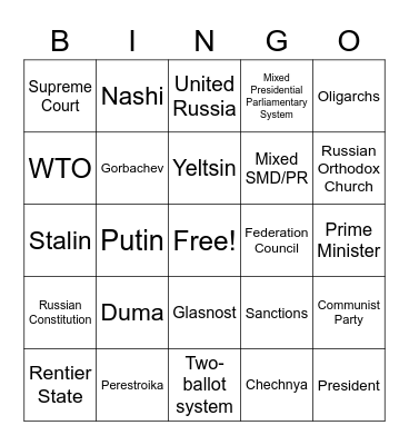 Russia Bingo Card