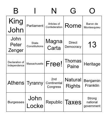 US History Bingo Card