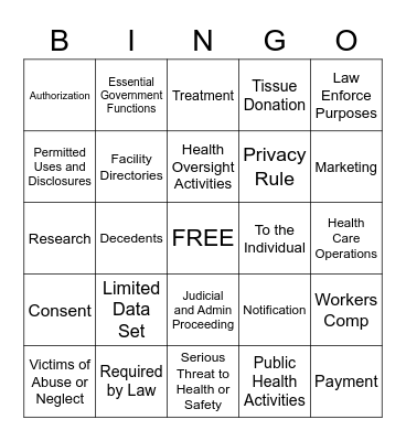 Permitted and Authorized Uses and Disclosures Bingo Card