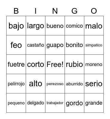 Spanish Opposites Bingo Card