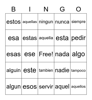 Spanish Words Bingo Card