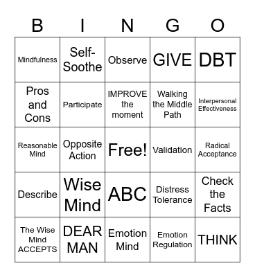 DBT Skills Bingo! Bingo Card
