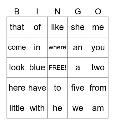 Sight Words Bingo Card