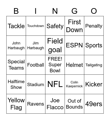 Super Bowl Bingo Card