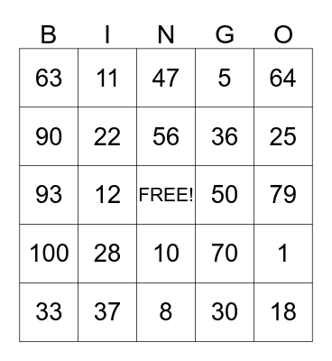 Number Bingo Card