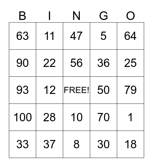 Number Bingo Card