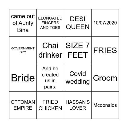 AQSA'S BRIDAL BINGO Card