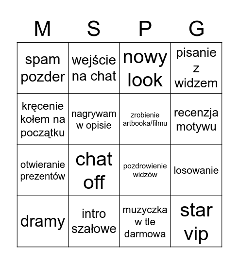 Moviestarplanet Bingo Card
