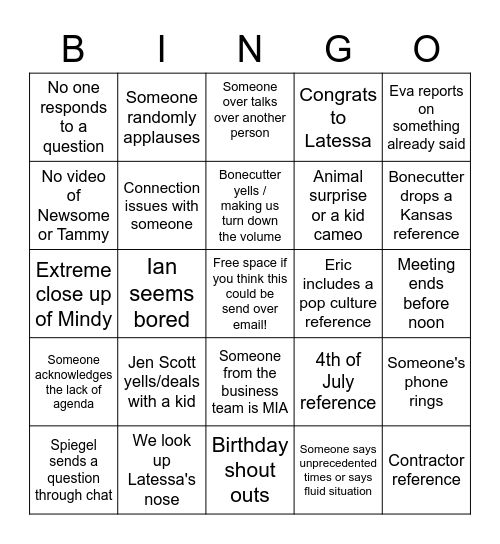 UCCI July Team Meeting Bingo Card