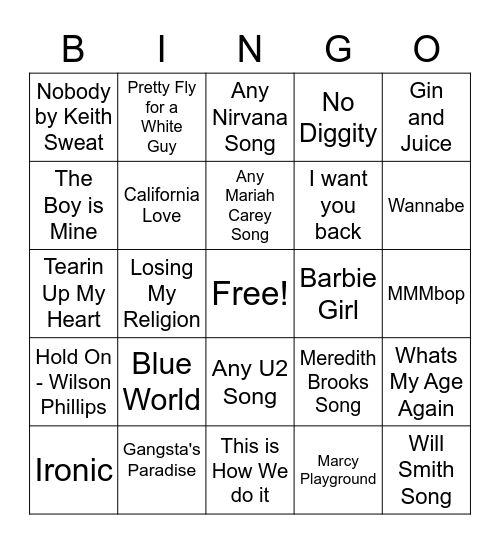 90s on 9 Bingo Card