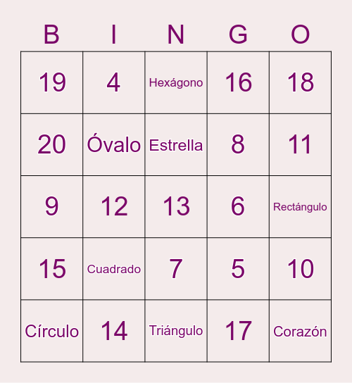 Formas, figuras, y números Bingo Card
