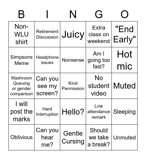 BU605 Bingo Card