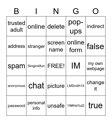 Internet Saftey Bingo Terms Bingo Card