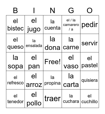 Spanish Words Bingo Card