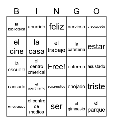Spanish Words Bingo Card