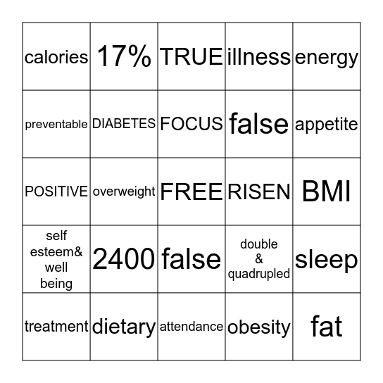 OBESITY BINGO  Bingo Card