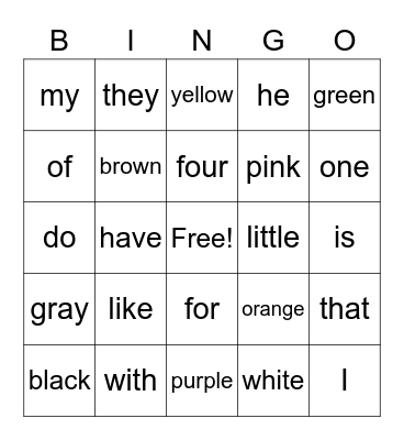 Sight Words Bingo Card