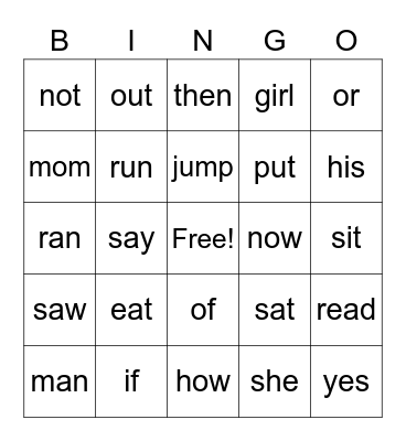 Sight Words Bingo Card