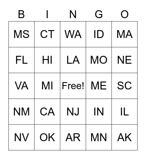 State Bingo  Bingo Card