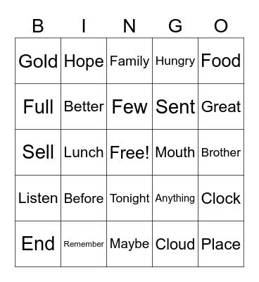 Vocabulary Bingo Card