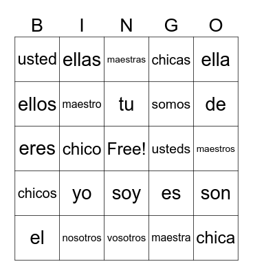Spanish Pronouns Bingo Card