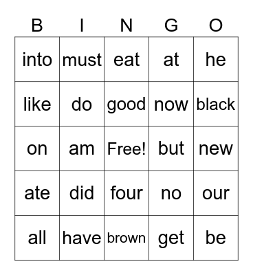 Sight Words Bingo Card