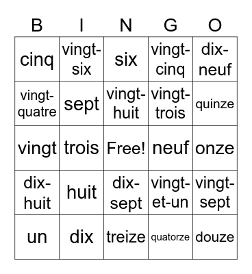 French Numbers Bingo Card