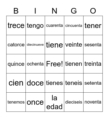 Spanish Age Bingo Card