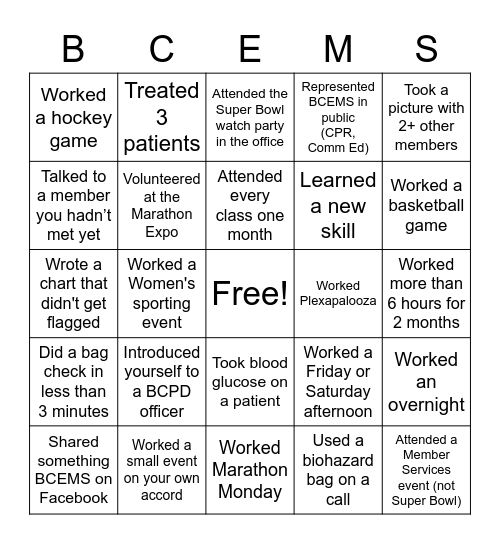 BCEMS Bingo Card