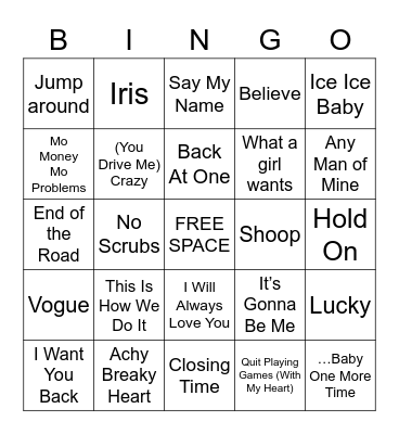 90's Hits Bingo Card