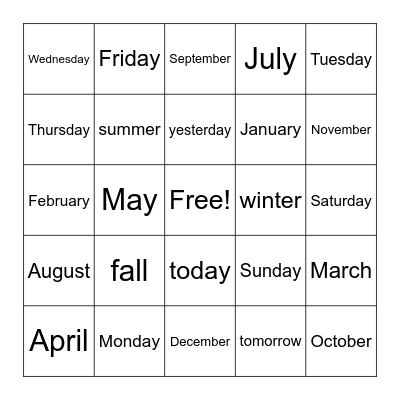 Calendar Bingo Card