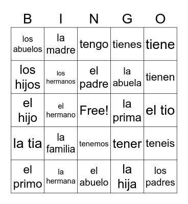 Spanish Words Bingo Card